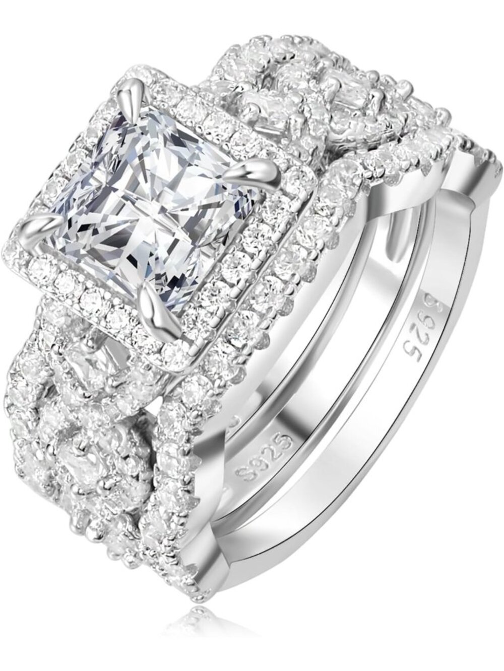 Stunning Princess Cut Halo Engagement Ring in 925 Sterling Silver & White Gold